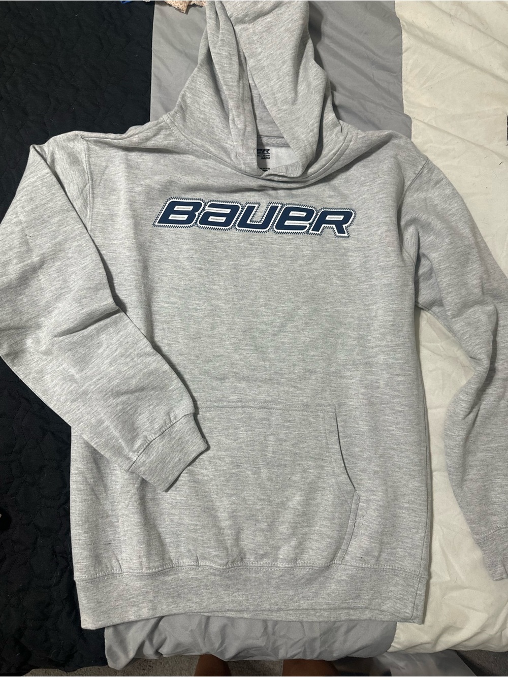 Bauer Heather Gray Hoodie with Navy Logo